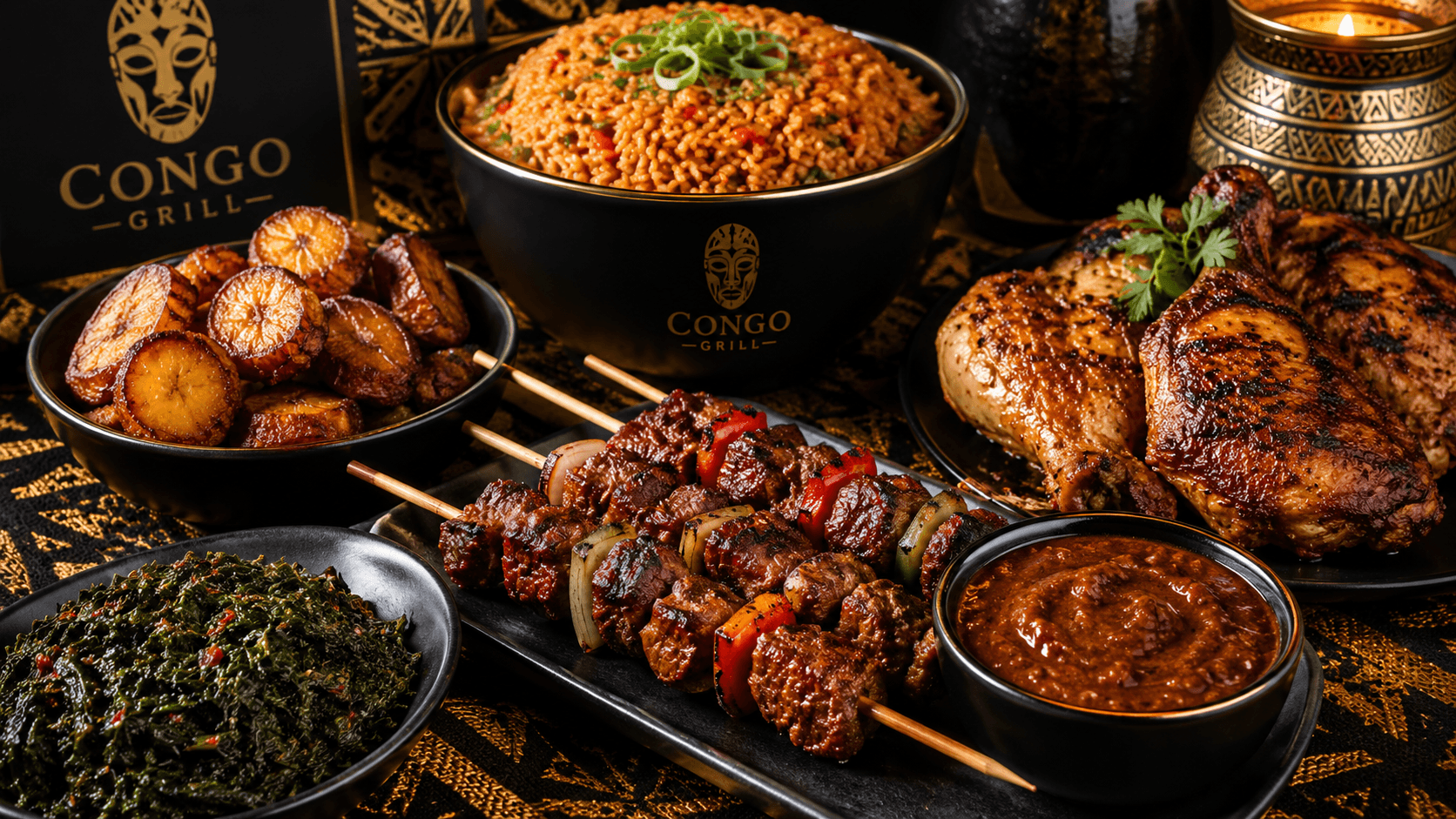 Premium Congo Grill feast spread — jollof rice, beef skewers, grilled chicken, plantains and saka-saka