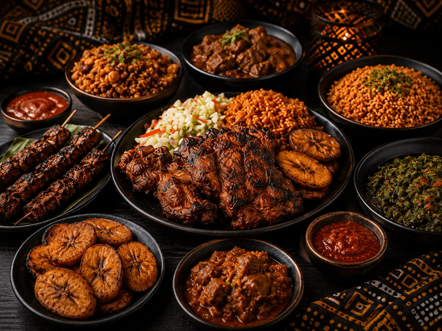 Premium Congo Grill spread — chicken, skewers, plantains, rice, and saka-saka