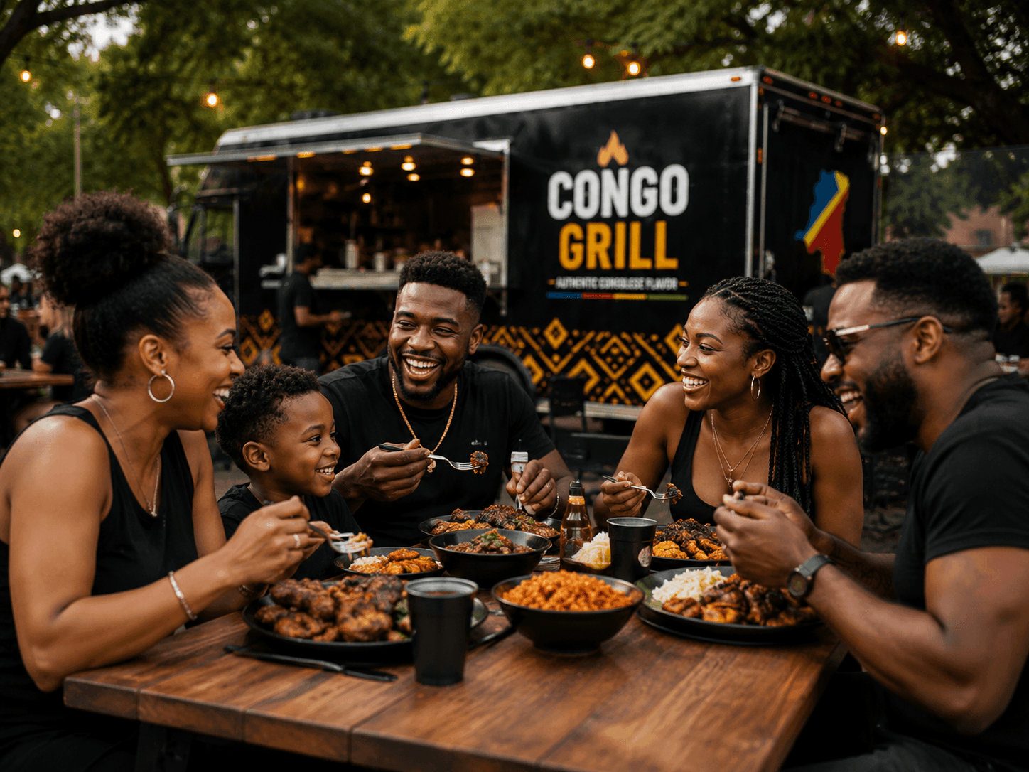 Family sharing a joyful Congo Grill meal at an outdoor table under evening lights