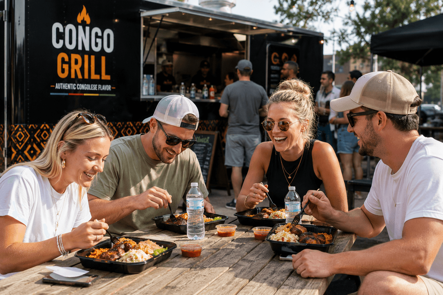 Friends laughing and digging into Congo Grill plates at an outdoor festival table