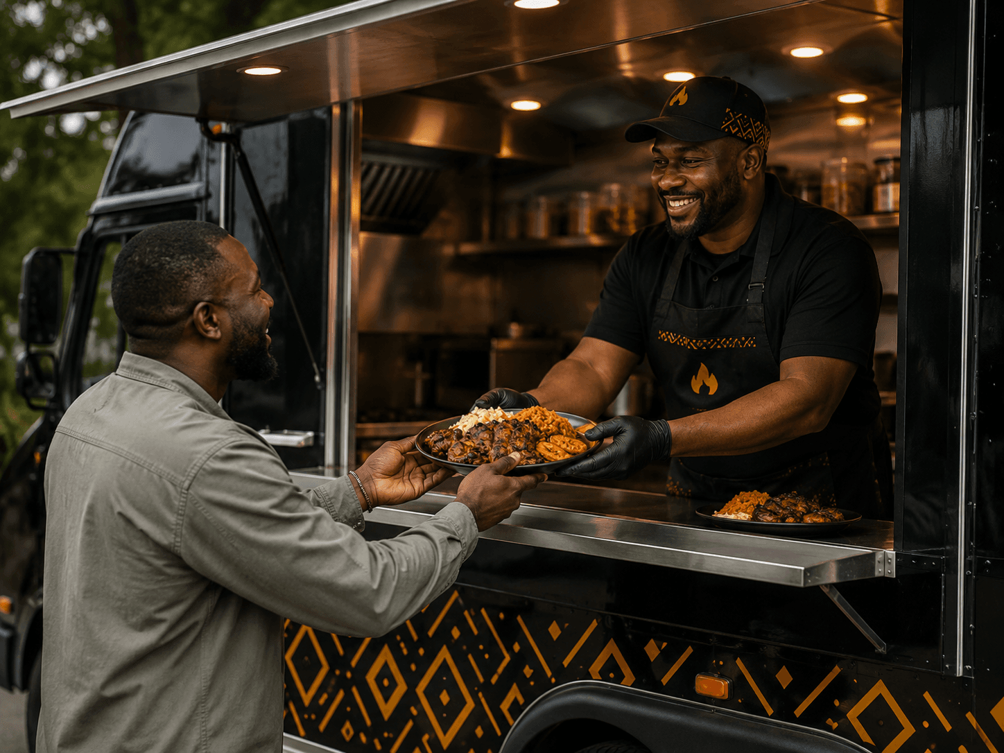 Congo Grill chef smiling as he hands a loaded plate to a customer at the service window